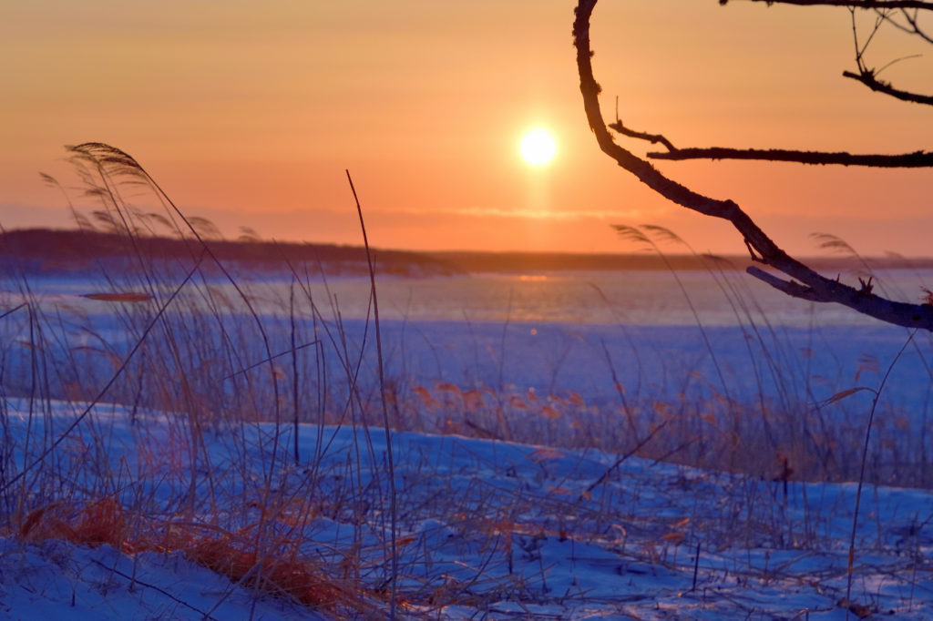 海と雪景色を照らす夕陽