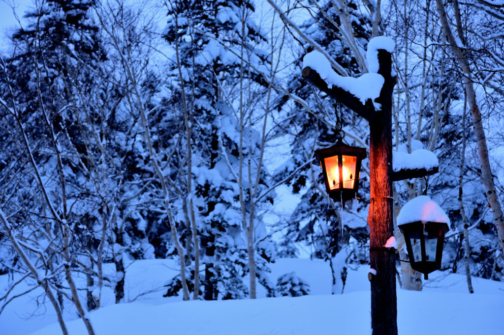 雪景色の中の木柱の外灯