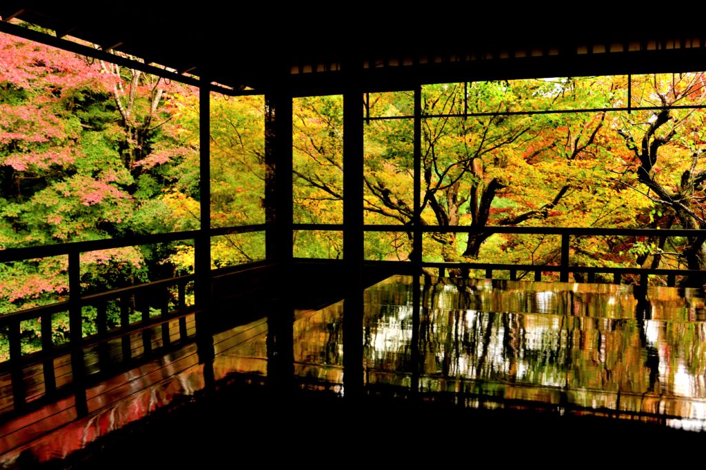 瑠璃光院の書院2階の写経用の机の紅葉のリフレクション