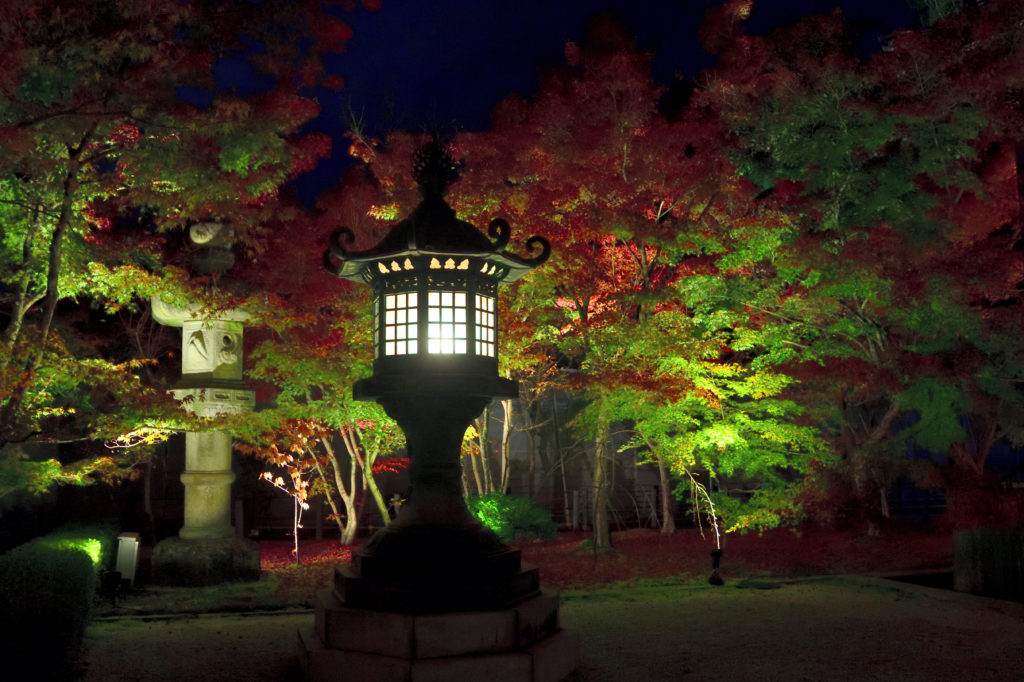 永観堂の灯篭とライトアップされた紅葉